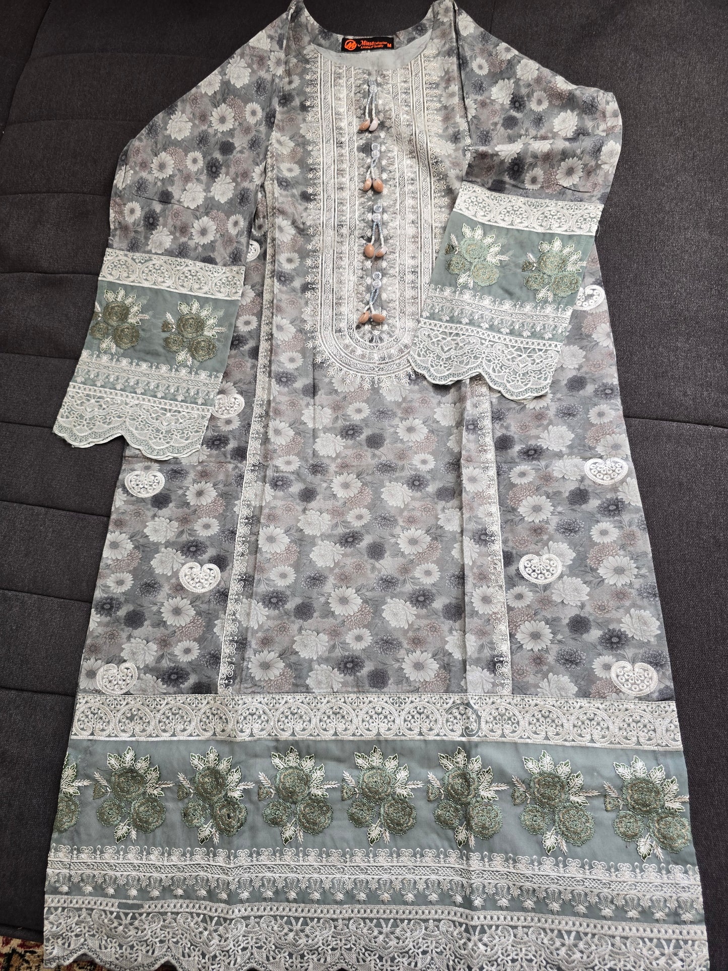 Grey Floral 3-Piece Suit | White Lace Cuffs | 3D Rose Appliqué Hem | Minsa Collection