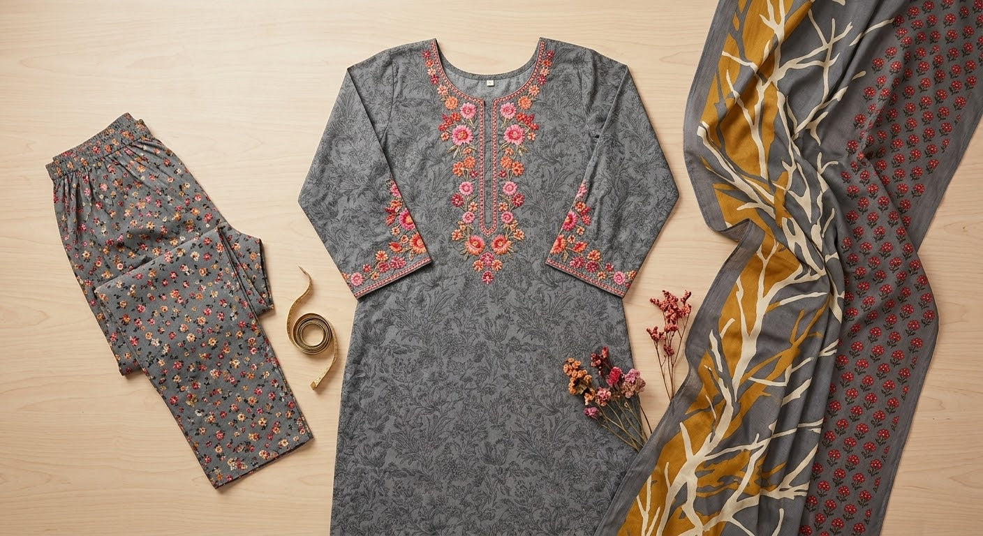 Grey lightly Embroidered 3-Piece Cotton Suit with Contrast Floral Trousers & Printed Dupatta | Everyday Shalwar kameez