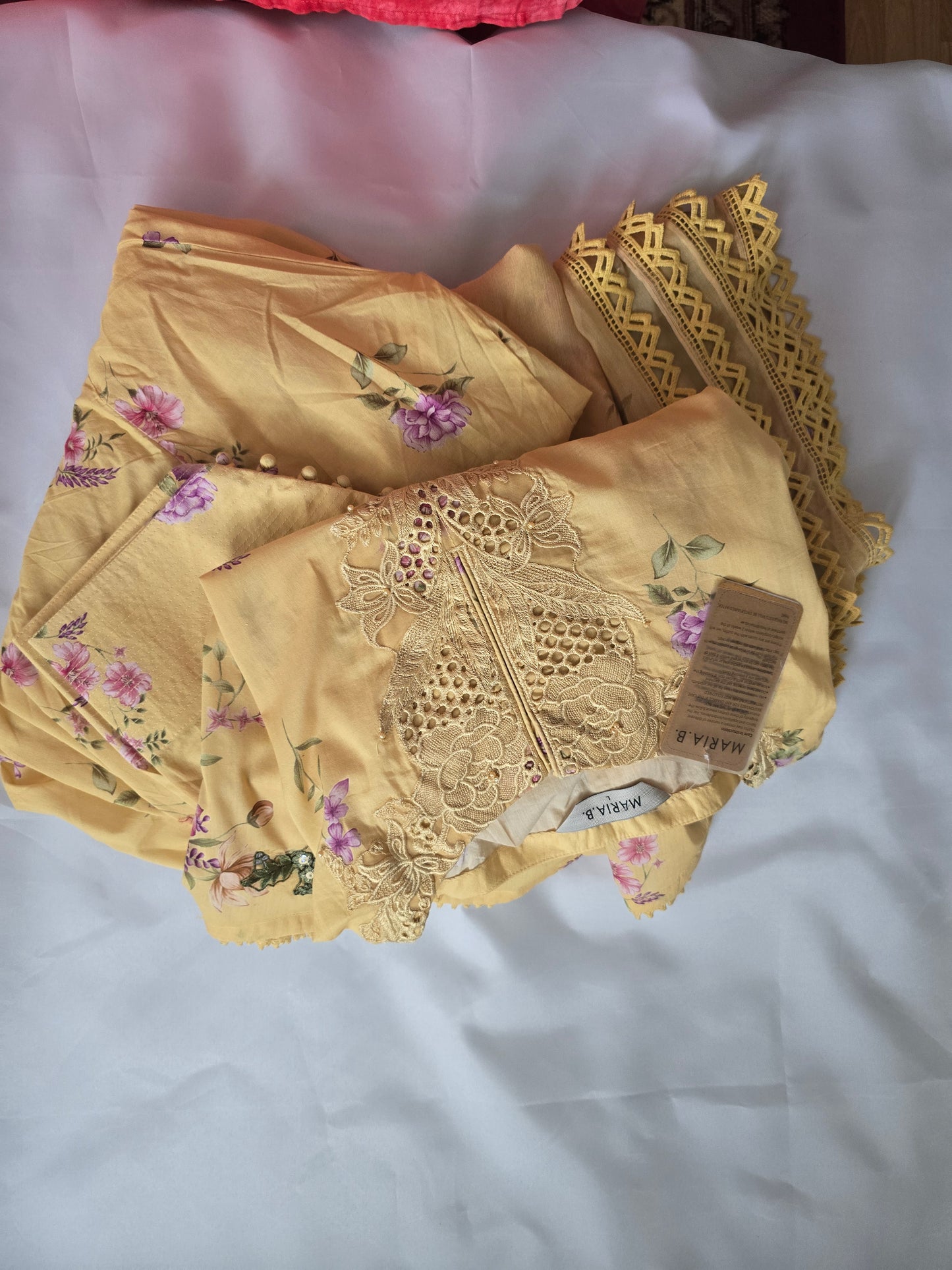 Maria B Sunshine Yellow Multi-Fabric 3-Piece Floral Printed Lawn Suit | Cutwork Embroidery Neckline | Pakistani Summer & Eid Wear