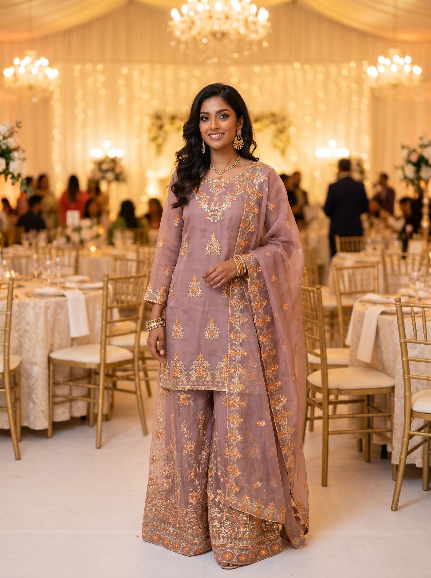 Dusty Mauve Multi-Fabric 3-Piece Organza Suit | Sharara Style | Sheesha Mirror & Sequin Embroidery | Pakistani Wedding & Formal Wear