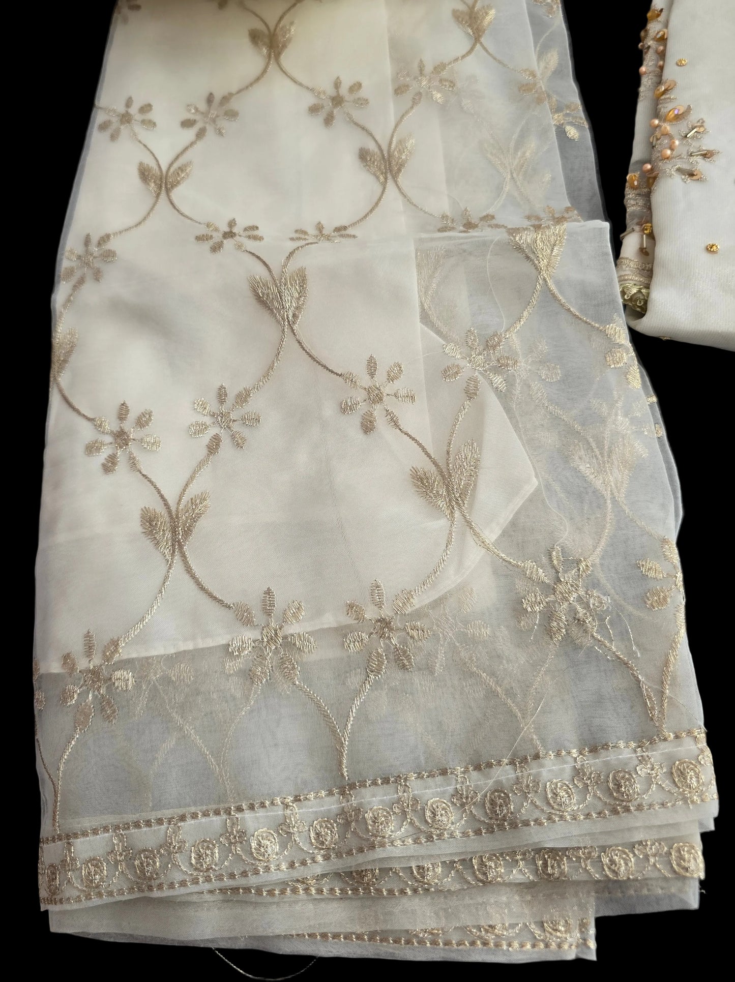 3-Piece Luxury Organza Suit – Creme colour with Gold work