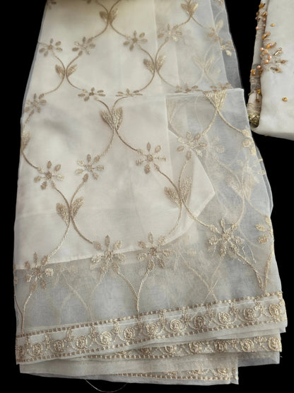 3-Piece Luxury Organza Suit – Creme colour with Gold work