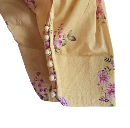 Yellow fabric with floral patterns on a white background