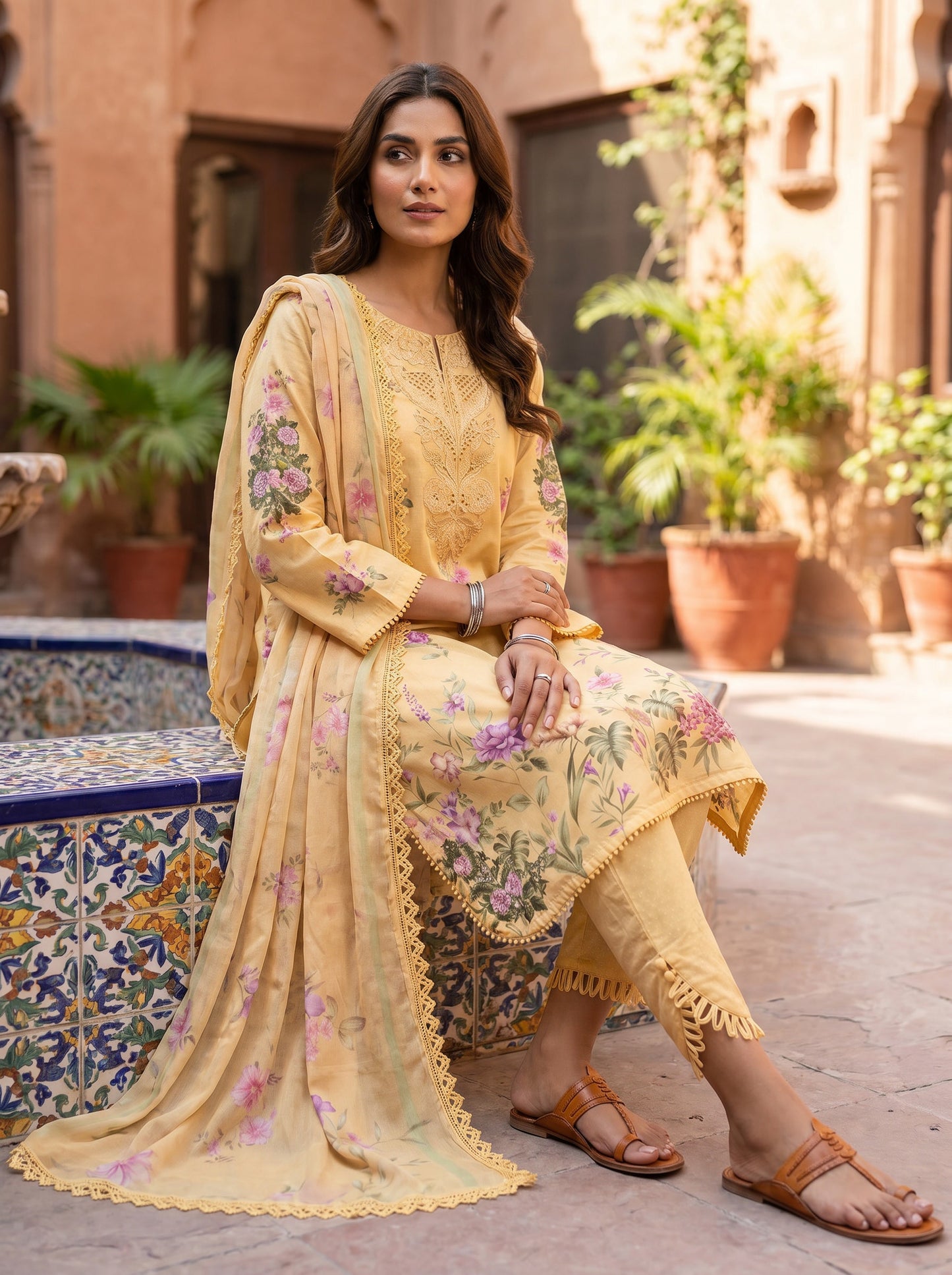 Maria B Sunshine Yellow Multi-Fabric 3-Piece Floral Printed Lawn Suit | Cutwork Embroidery Neckline | Pakistani Summer & Eid Wear