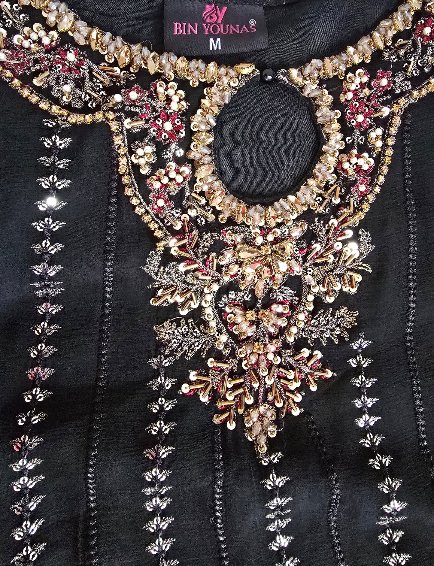 Bin Younas Black Heavy Embroidered 3-Piece Chiffon Suit | Zardozi Sequin Work | Pakistani Wedding & Eid Formal Wear