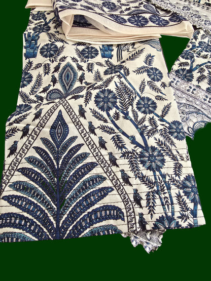 Blue Botanical 3-Piece Lawn Suit | Embroidered Net Hem | Dupatta