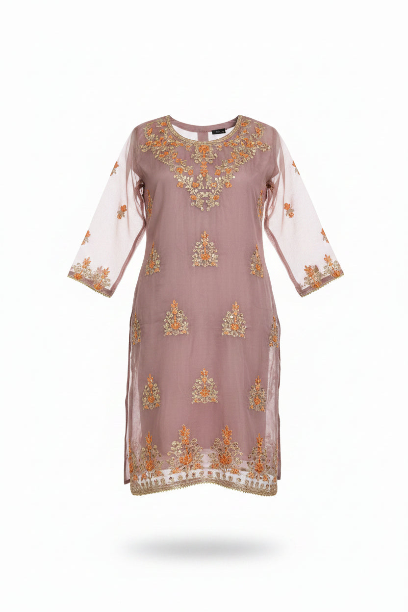Dusty Mauve Multi-Fabric 3-Piece Organza Suit | Sharara Style | Sheesha Mirror & Sequin Embroidery | Pakistani Wedding & Formal Wear