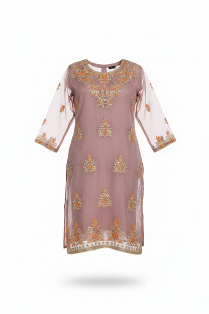 Dusty Mauve Multi-Fabric 3-Piece Organza Suit | Sharara Style | Sheesha Mirror & Sequin Embroidery | Pakistani Wedding & Formal Wear