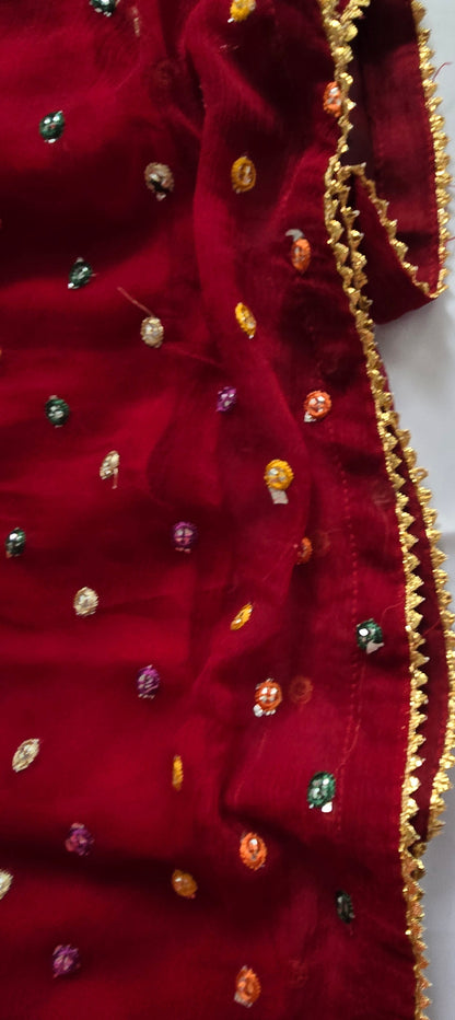 Bin Younas Deep Red Multi-Fabric 3-Piece Embroidered Suit | Phulkari Sleeve Work | Pakistani Wedding & Mehndi Wear