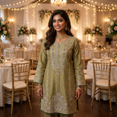 Golden Olive Embellished 3-Piece Suit | Heavy Crystal Neckline | Cutwork Hem | W Dot 313