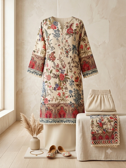 Khaadi Premium Lawn 3-Piece Suit – Ivory Floral Print with Paisley Border | Designer Pakistani Suit – Size XL