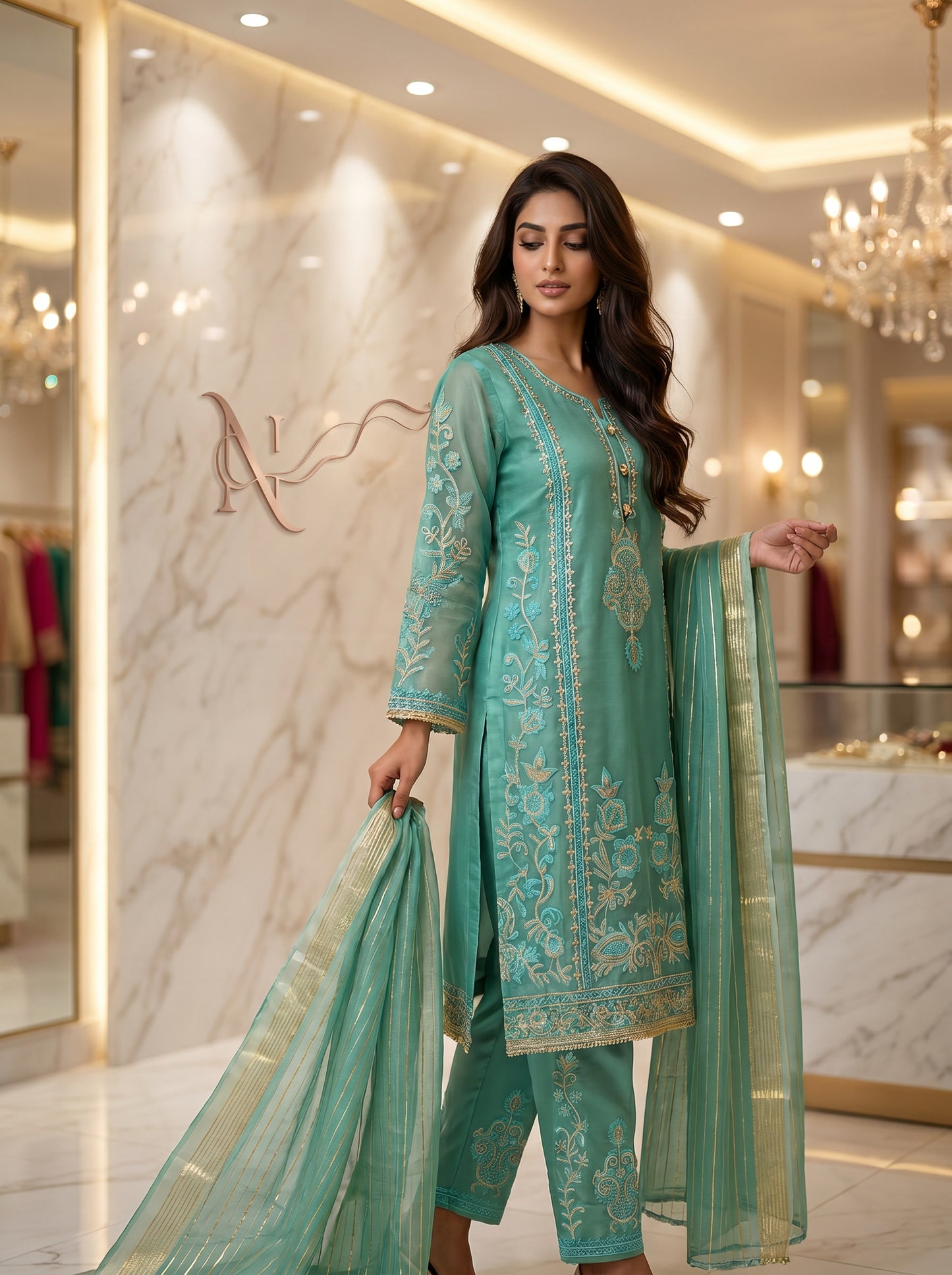 Teal Mint Multi-Fabric 3-Piece Embroidered Suit | Gold Sequin & Tilla Work | Pakistani Semi-Formal & Eid Wear