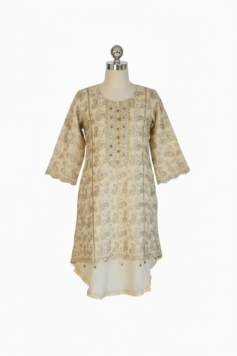 Ivory Cream Multi-Fabric 3-Piece Embroidered Suit | Paisley Threadwork & Mirror Work | Pakistani Formal & Wedding Wear