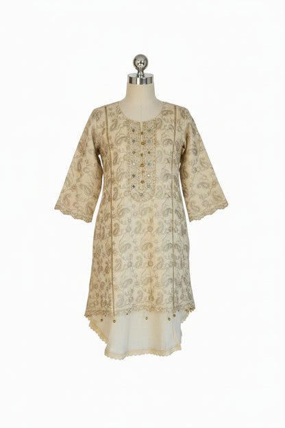 Ivory Cream Multi-Fabric 3-Piece Embroidered Suit | Paisley Threadwork & Mirror Work | Pakistani Formal & Wedding Wear