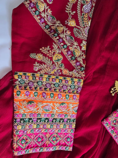 Bin Younas Deep Red Multi-Fabric 3-Piece Embroidered Suit | Phulkari Sleeve Work | Pakistani Wedding & Mehndi Wear