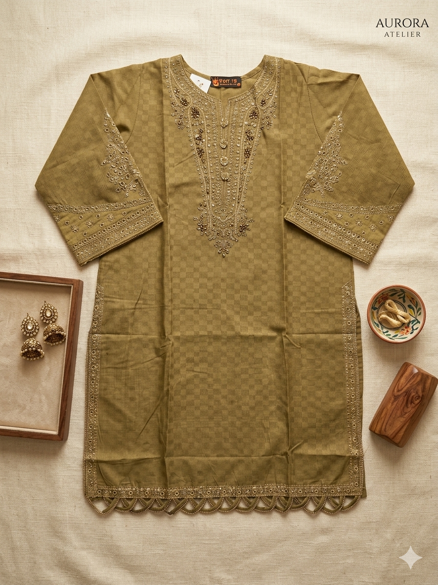 Olive Gold 3-Piece Suit | Cotton Silk Kurti with Sheesha Embroidery & Palazzo Trousers | Pakistani Designer Wear | EU Free Shipping