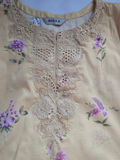 Maria B Sunshine Yellow Multi-Fabric 3-Piece Floral Printed Lawn Suit | Cutwork Embroidery Neckline | Pakistani Summer & Eid Wear
