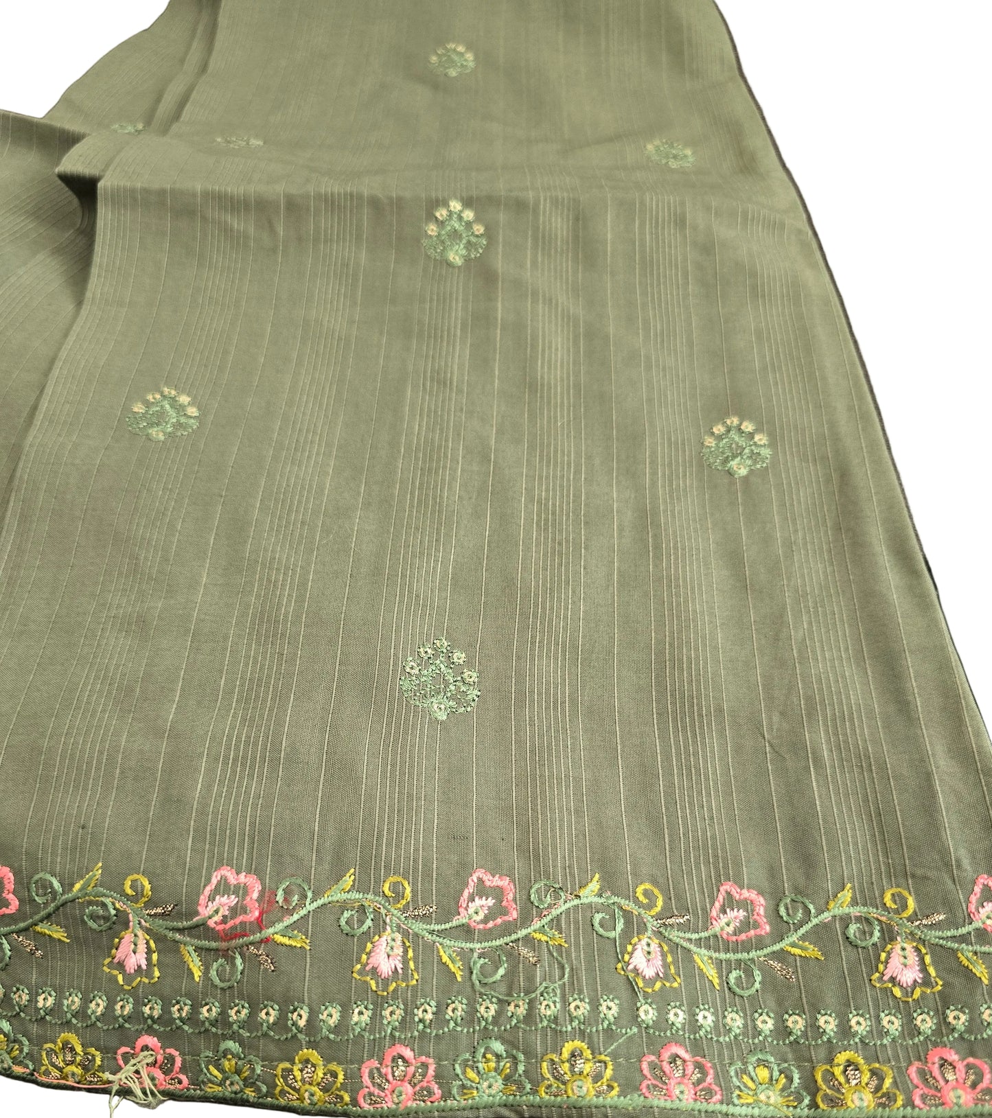 Olive Green Embroidered 3-Piece Suit | Crystal Neckline | Paisley Waistcoat| Dupatta | W Dot 313