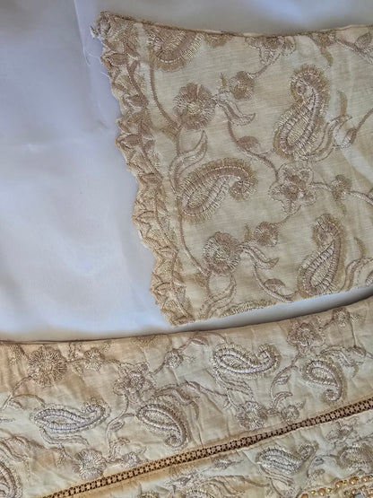 Ivory Cream Multi-Fabric 3-Piece Embroidered Suit | Paisley Threadwork & Mirror Work | Pakistani Formal & Wedding Wear