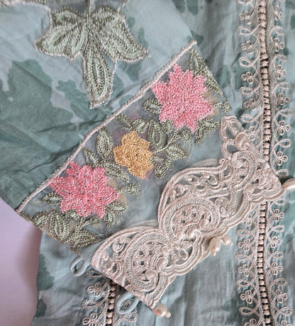 Maria B Mint Green Multi-Fabric 3-Piece Printed Suit | Floral Embroidery & Pearl Detail | Pakistani Luxury Lawn