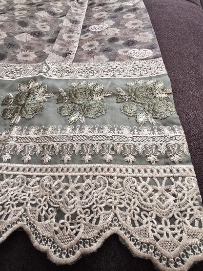 Grey Floral 3-Piece Suit | White Lace Cuffs | 3D Rose Appliqué Hem | Minsa Collection