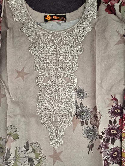 Grey Rose Floral 3-Piece Suit | White Cutwork Neckline | Pink Embroidered Hem | Minsa Collection