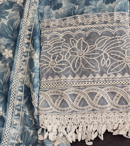 Pakistani 3-Piece Floral Lawn Suit | Blue & White Lace | Buy Online Germany & Europe