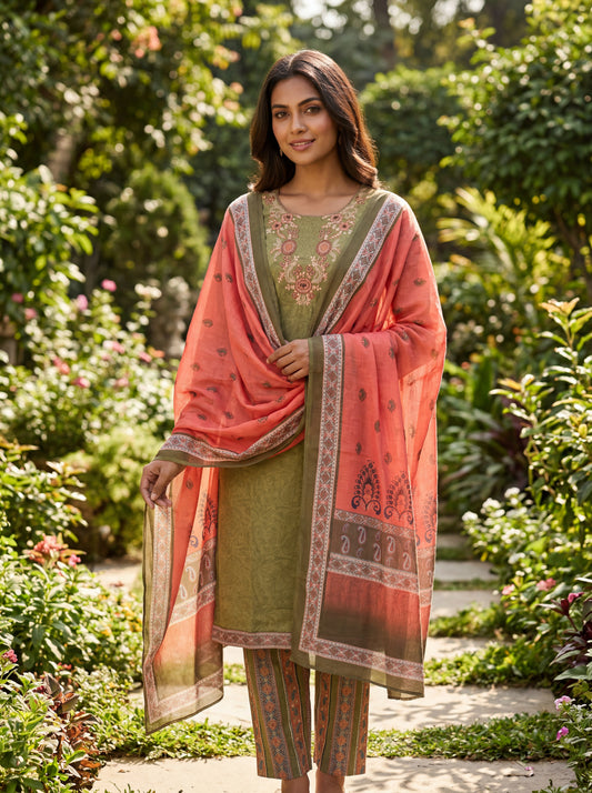Mehndi Green, lightly Embroidered 3-Piece Cotton Suit with Coral Paisley Dupatta | Everyday Shalwar Kameez