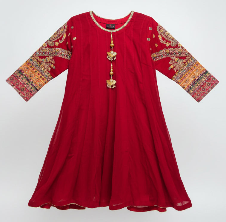 Bin Younas Deep Red Multi-Fabric 3-Piece Embroidered Suit | Phulkari Sleeve Work | Pakistani Wedding & Mehndi Wear