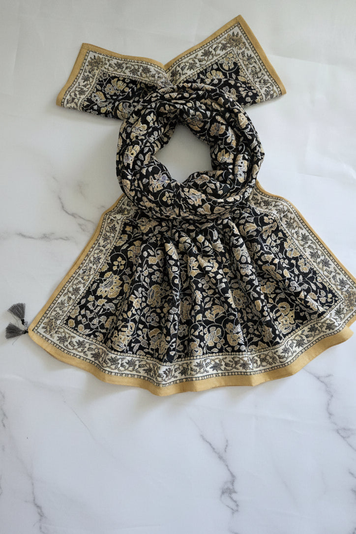 White Booti Print Cotton Kurti 3-Piece Suit | Black Floral Dupatta with Trim | Pakistani Lawn Style | EU Shipping