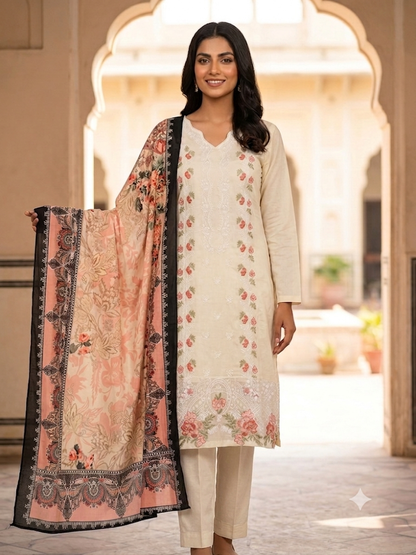 Ivory Embroidered Cotton Suit | Floral Vine Embroidery with Net Hem & Peach Floral Dupatta