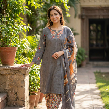 Grey lightly Embroidered 3-Piece Cotton Suit with Contrast Floral Trousers & Printed Dupatta | Everyday Shalwar kameez