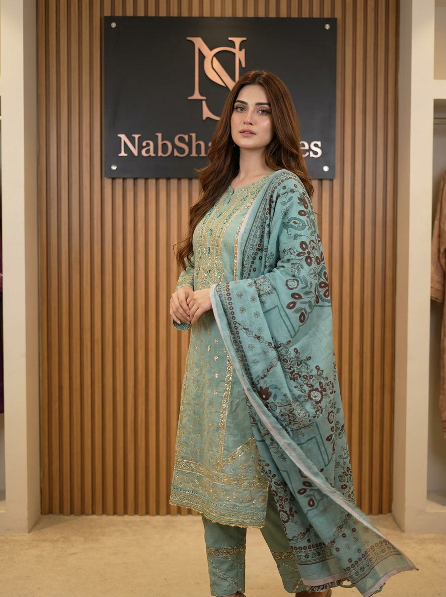 Mint Embroidered 3-Piece Luxury Suit