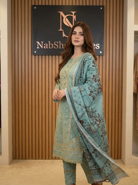 Mint Embroidered 3-Piece Luxury Suit