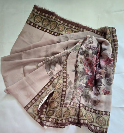 Minsa Collection Beige Multi-Fabric 3-Piece Floral Printed Suit | Cutwork & Sequin Embroidered Hem | Pakistani Casual & Semi-Formal Wear