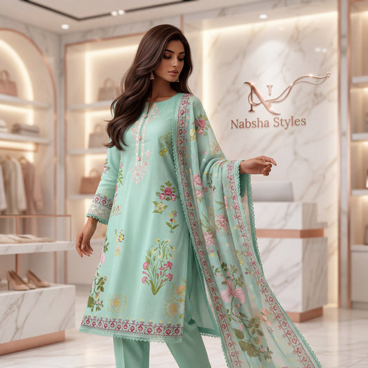 J. Pret Mint Green Multi-Fabric 3-Piece Botanical Floral Suit | Embroidered Neckline & Cuffs | Pakistani Luxury Lawn | Brand New With Tags