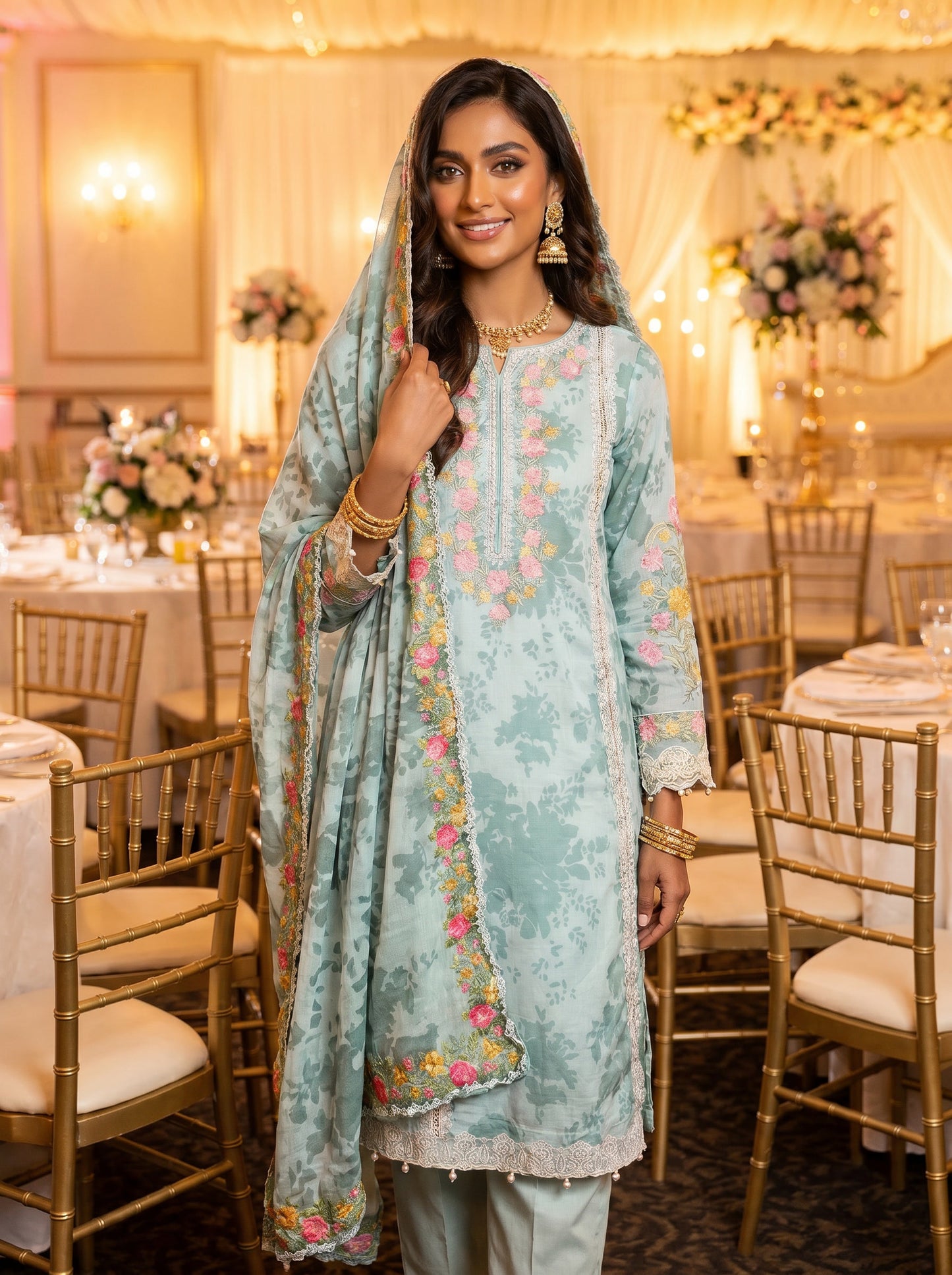 Maria B Mint Green Multi-Fabric 3-Piece Printed Suit | Floral Embroidery & Pearl Detail | Pakistani Luxury Lawn