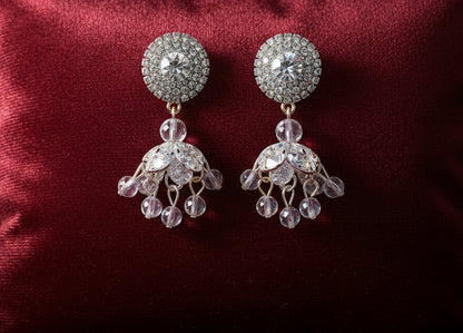 Crystal Jhumki Earrings – Silver Rhinestone Disc with Crystal Bead Drops | Pakistani Indian Jewellery | Desi Wedding Earrings