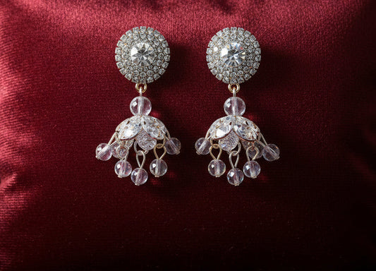 Crystal Jhumki Earrings – Silver Rhinestone Disc with Crystal Bead Drops | Pakistani Indian Jewellery | Desi Wedding Earrings