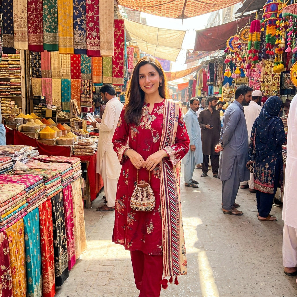 J. Pret Essentials 3-Piece Printed & Embroidered Suit – Deep Red/Maroon