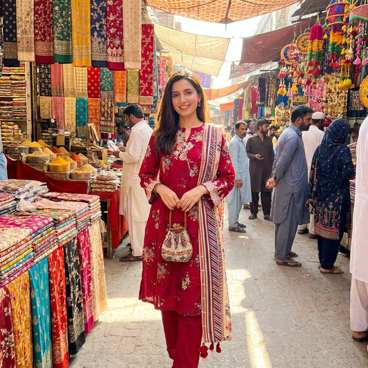 J. Pret Essentials 3-Piece Printed & Embroidered Suit – Deep Red/Maroon