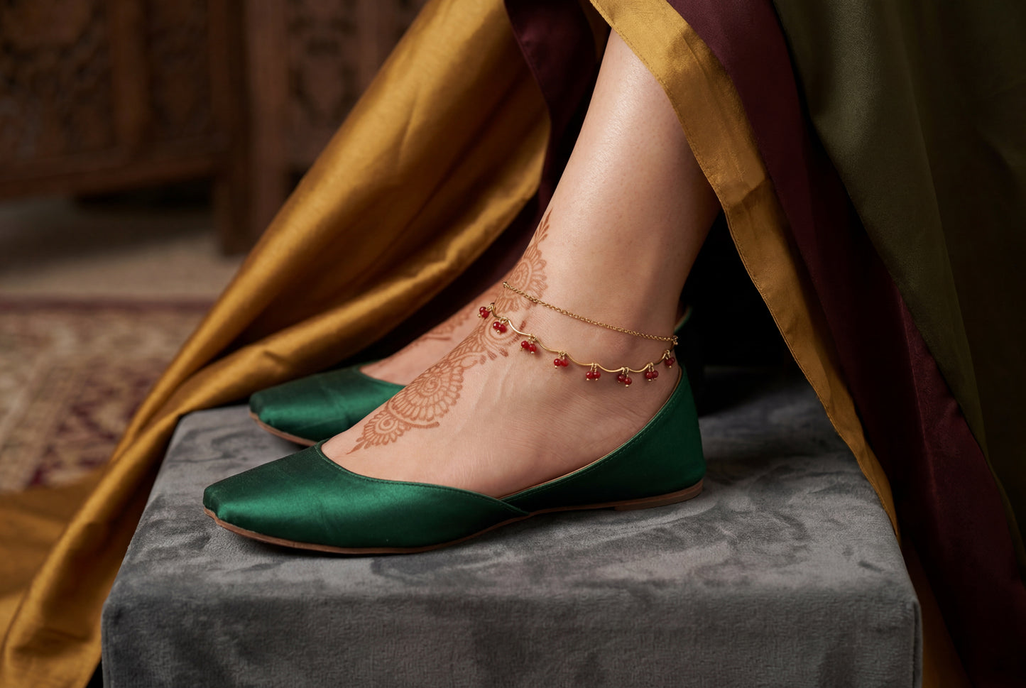 Gold & Ruby Red Crystal Payal – Dual-Strand Bead Drop Anklet | Pakistani Indian Bridal Foot Jewellery | Desi Wedding Payal Germany
