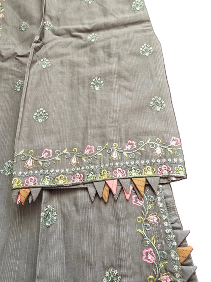 Olive Green Embroidered 3-Piece Suit | Crystal Neckline | Paisley Waistcoat| Dupatta | W Dot 313