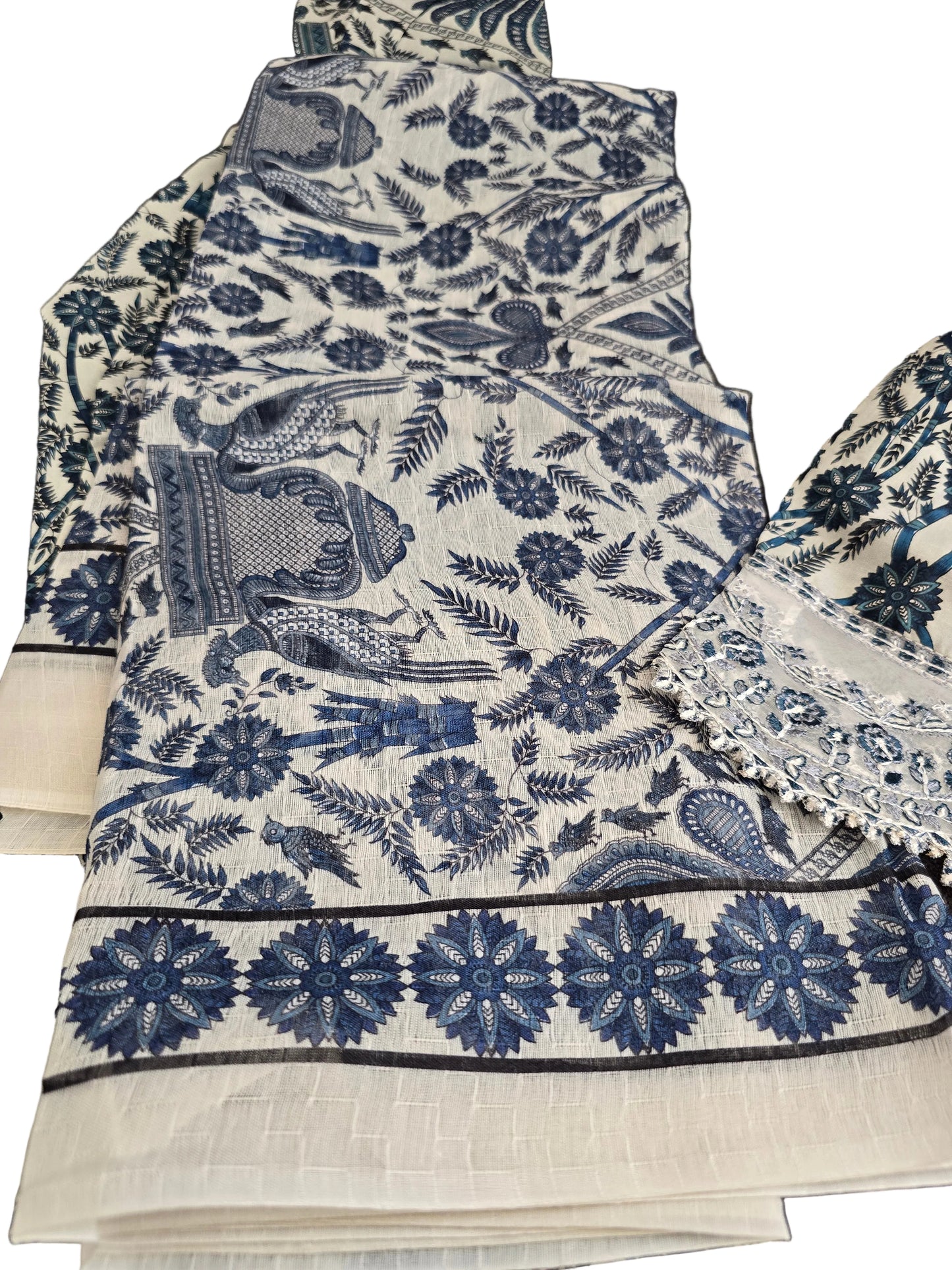 Blue Botanical 3-Piece Lawn Suit | Embroidered Net Hem | Dupatta