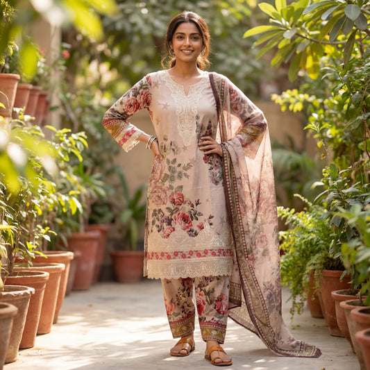 Minsa Collection Beige Multi-Fabric 3-Piece Floral Printed Suit | Cutwork & Sequin Embroidered Hem | Pakistani Casual & Semi-Formal Wear