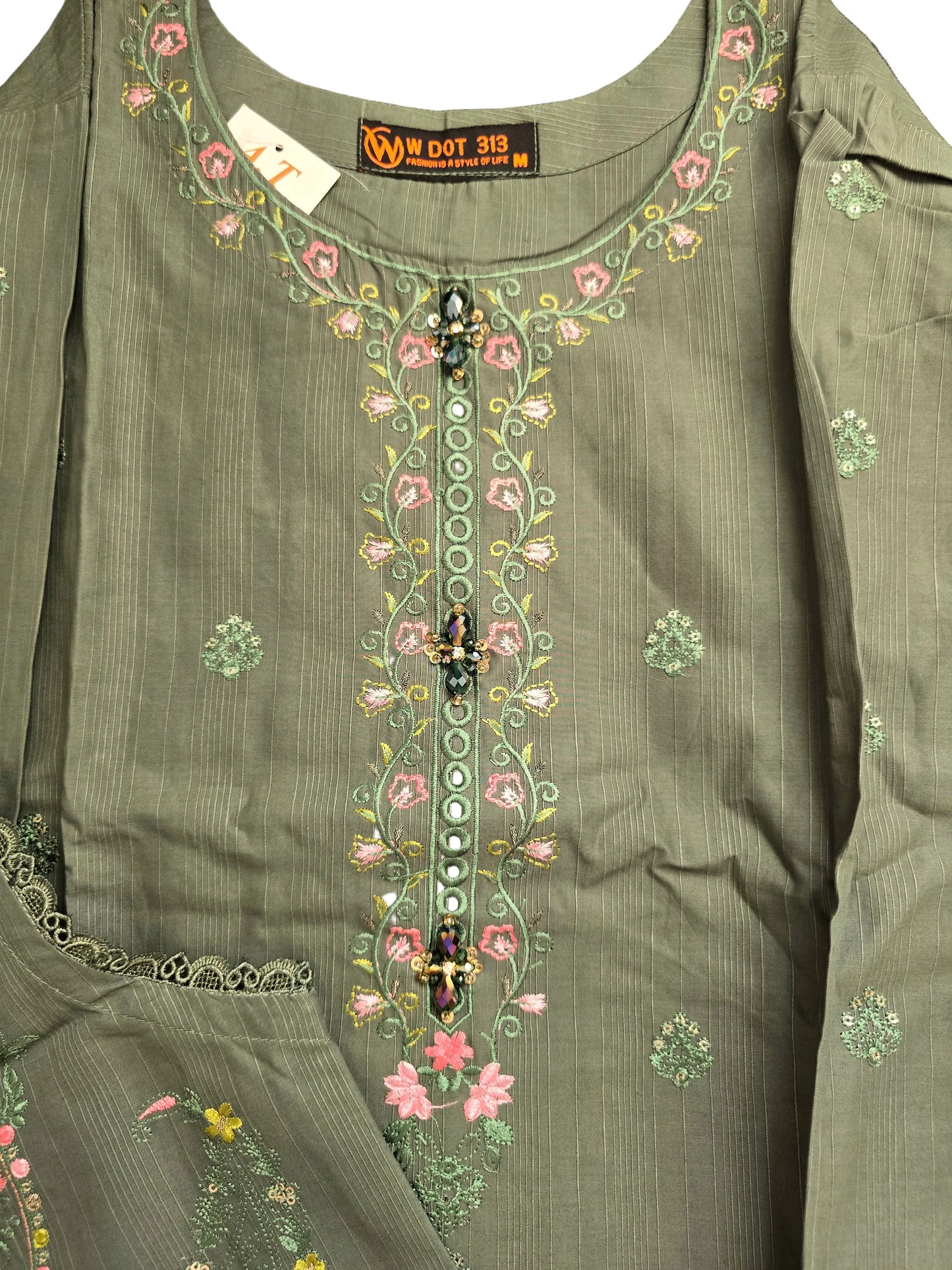 Olive Green Embroidered 3-Piece Suit | Crystal Neckline | Paisley Waistcoat| Dupatta | W Dot 313