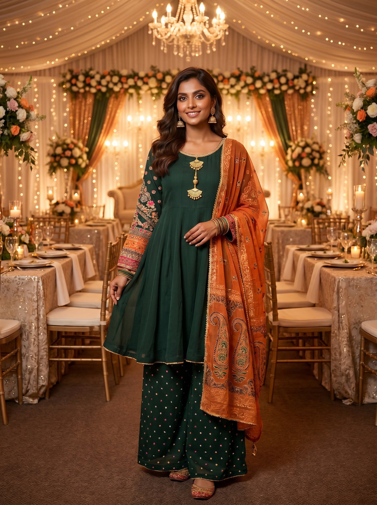 Bin Younas Forest Green Multi-Fabric 3-Piece Suit | Phulkari Embroidered Sleeves & Booti Palazzo | Pakistani Wedding & Mehndi Wear