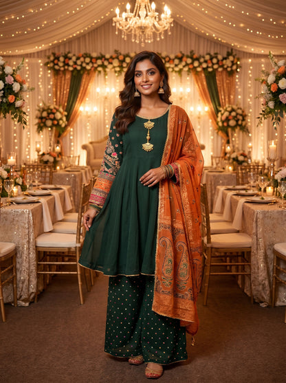 Bin Younas Forest Green Multi-Fabric 3-Piece Suit | Phulkari Embroidered Sleeves & Booti Palazzo | Pakistani Wedding & Mehndi Wear