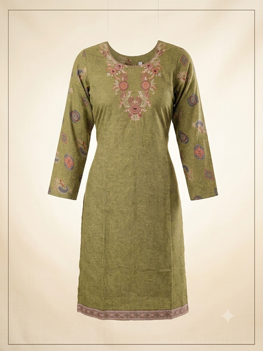 Mehndi Green, lightly Embroidered 3-Piece Cotton Suit with Coral Paisley Dupatta | Everyday Shalwar Kameez