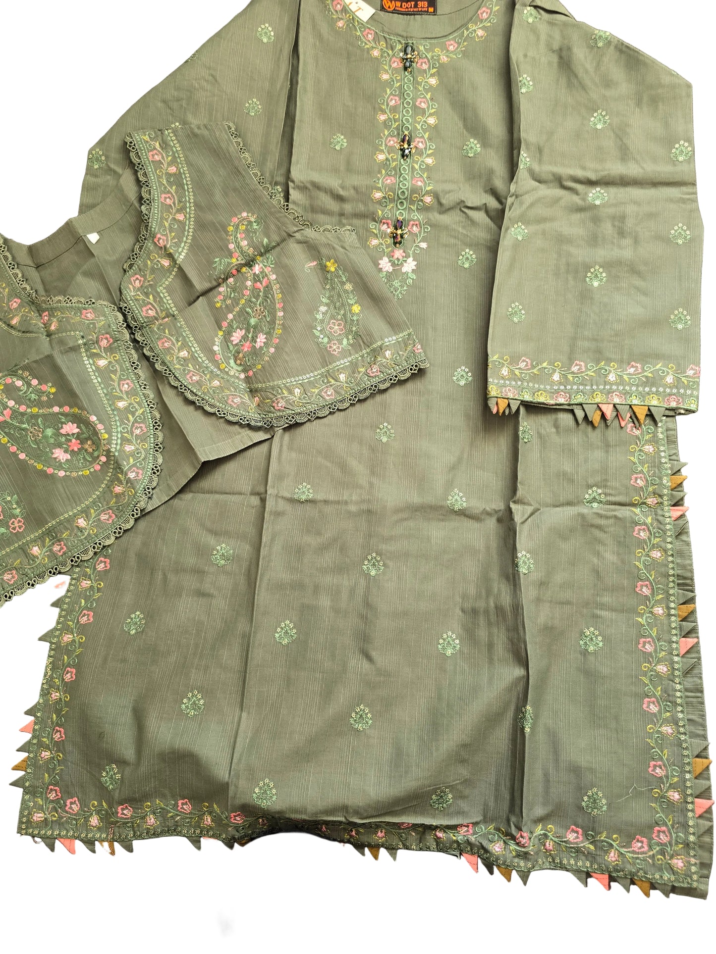 Olive Green Embroidered 3-Piece Suit | Crystal Neckline | Paisley Waistcoat| Dupatta | W Dot 313